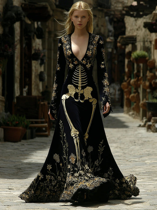Women's Gothic Style Skeleton Velvet V Neck Maxi Dress