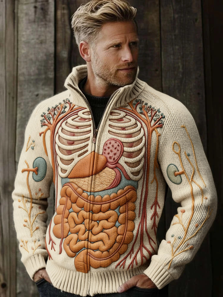 Classic Halloween Anatomy Art Chunky Knitted Zipped Up Sweater