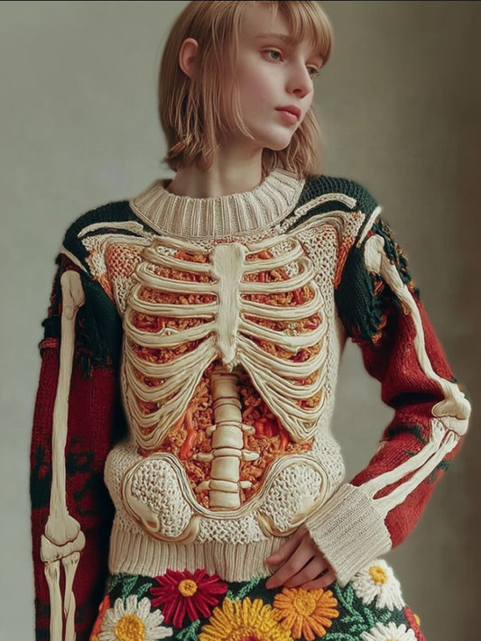 Women's Halloween Skeleton Trunk Art Flower Round Neck Sweater