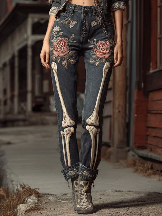 Halloween Vintage Skull Rose Embroidered Jeans