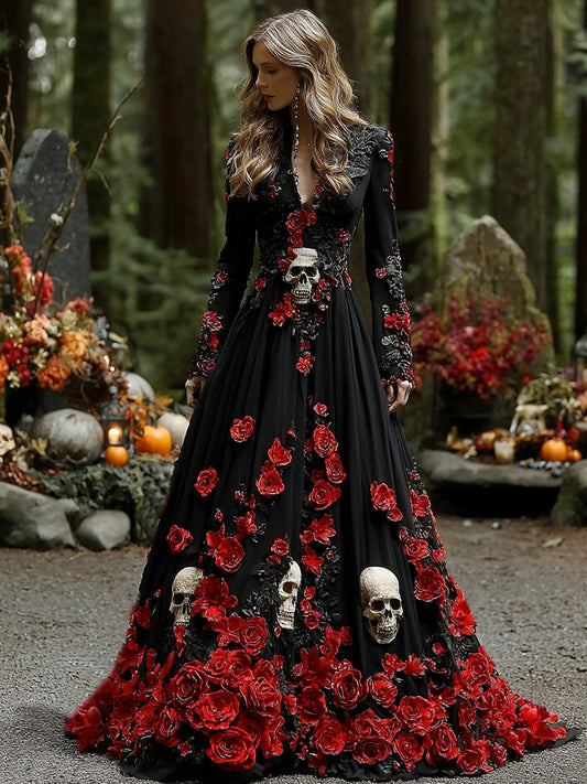 Women's Elegant Red Rose Skull Pattern V-neck Long Sleeve Maxi Dress