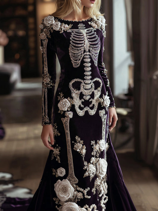 Women's Halloween Dark Gothic Rose Skeleton Velvet Round Neck Maxi Dress