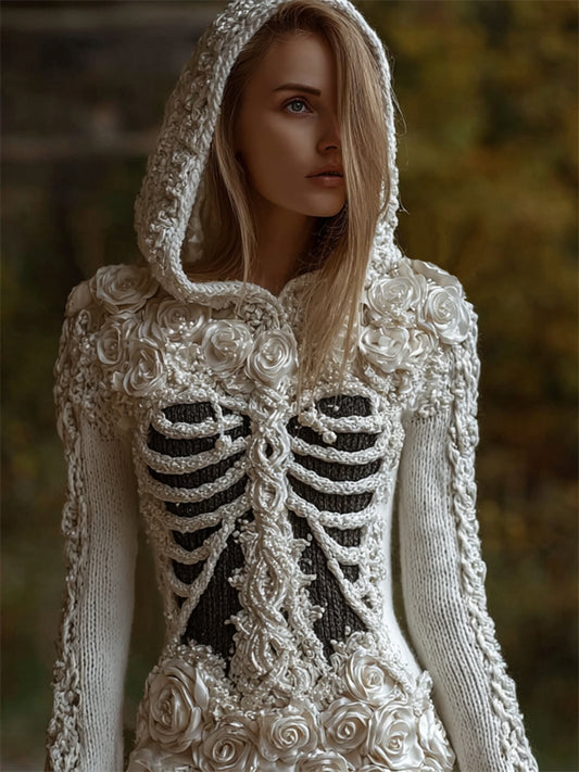 Elegant White Roses Beaded Skeleton Hooded Cozy Knit Sweater