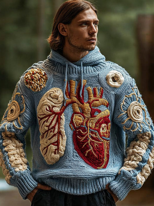 Men's Anatomy Art Ancient Coarse Needle Mist Blue Hooded Sweater