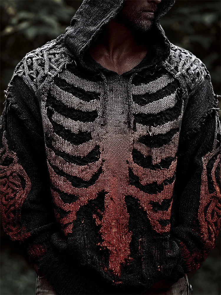 Men's Bloody Skeleton Gradient Celtic Cozy Knit Hooded Sweater