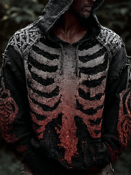 Men's Bloody Skeleton Gradient Celtic Cozy Knit Hooded Sweater