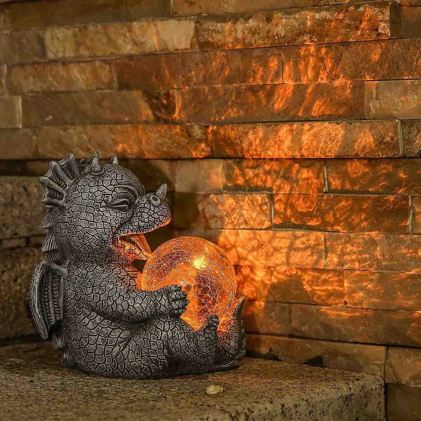 Garden Dragon Statues - Adorable Baby Resin Dragon Holding Magic Orb with Solar LED Lights