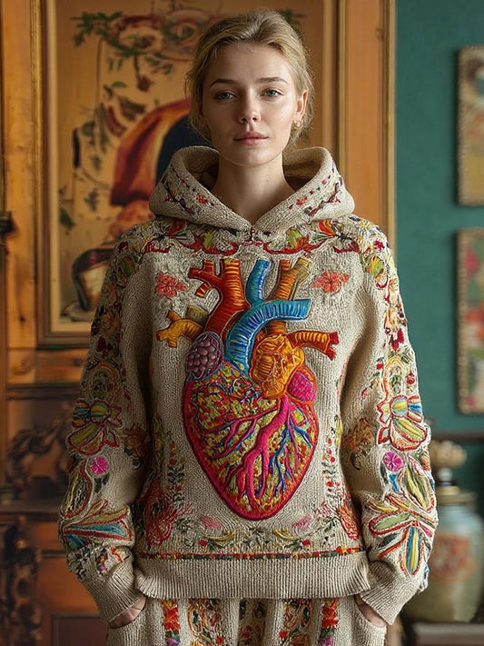 Women's Vintage Human Organ Flower Embroidery Art Knit Hooded Sweater