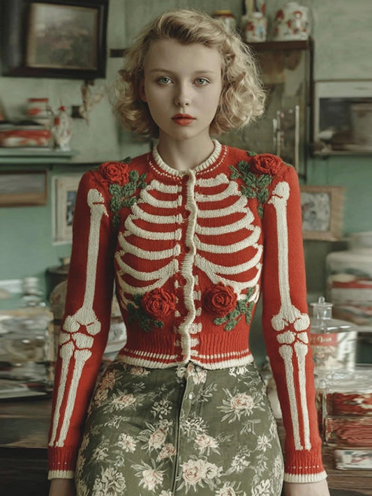 Women's Halloween Anatomy Floral Art Cozy Knit Sweater Cardigan