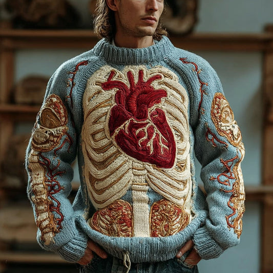 Vintage Halloween Human Anatomy Art Sense Thick Needle Blue Round Neck Sweater