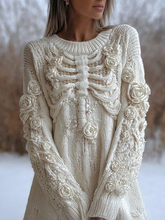 Vintage White Skeleton Roses Crochet Cozy Sweater Dress