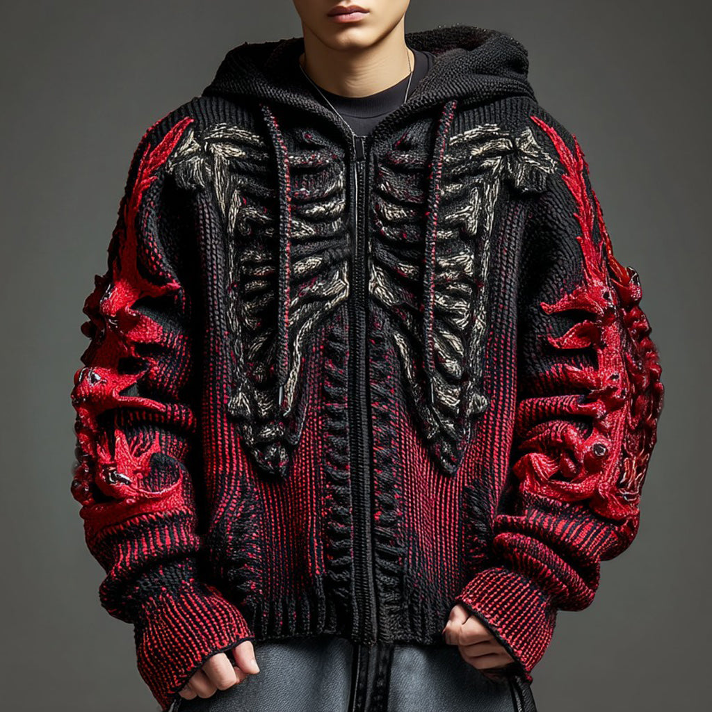 Halloween Skeleton Demon Flame Inspired Gradient Jacquard Knit Zip-up Hoodie