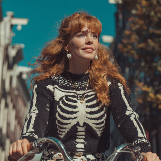 Retro Halloween Skeleton Art Knit Cozy Sweater