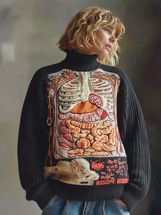 Vintage Halloween Anatomy Art Chunky Knitted Turtleneck Sweater