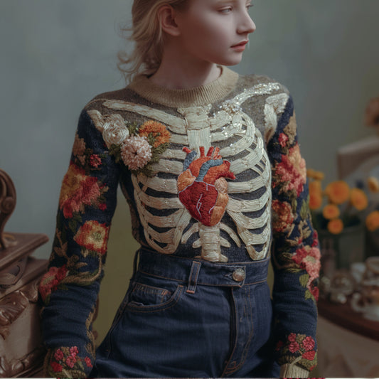 Women's Halloween Human Anatomy Art Flower Knitted Round Neck Sweater