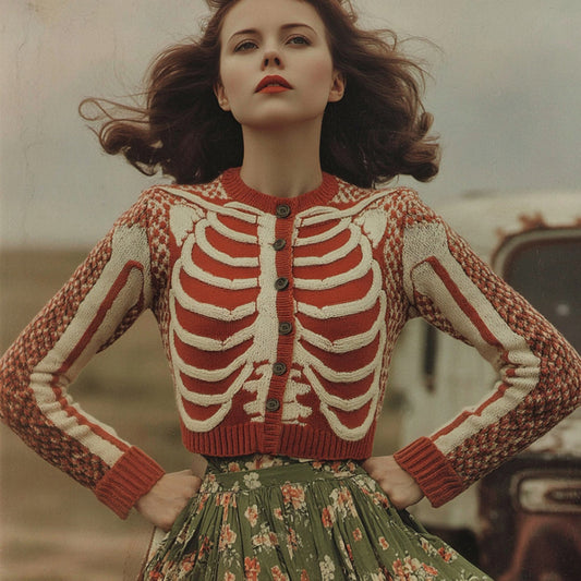 Women's Vintage Skull Ribs Pattern Knit Sweater Cardigan