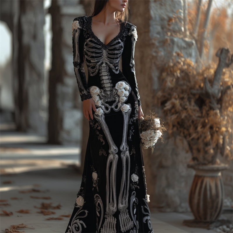 Vintage Skeleton White Roses Cozy Velvet Maxi Dress