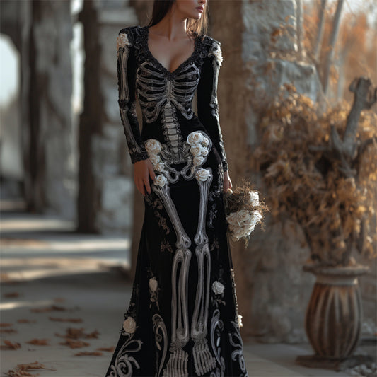 Vintage Skeleton White Roses Cozy Velvet Maxi Dress