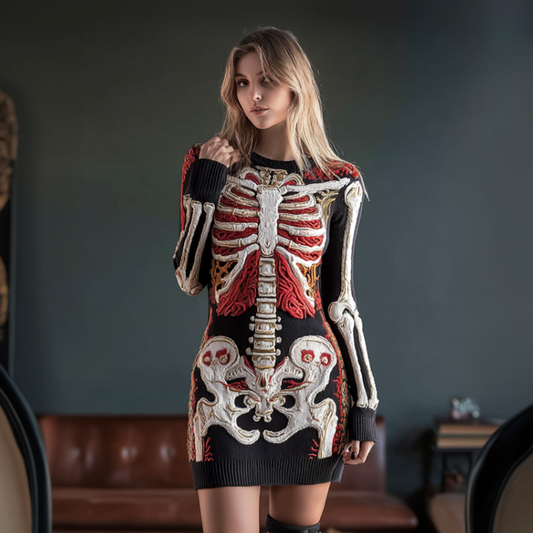 Halloween Human Anatomy Pattern  Design Women's Round Neck Knit Sweater Dress