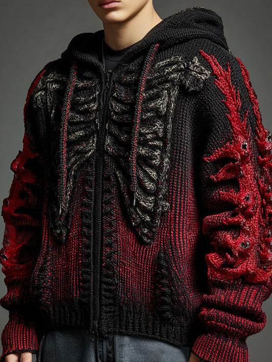 Halloween Skeleton Demon Flame Inspired Gradient Jacquard Knit Zip-up Hoodie
