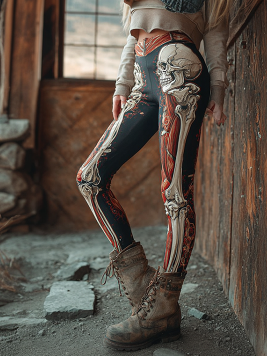 Halloween Theme Skeleton And Human Bone Pattern Women's Tight-fitting Leggings