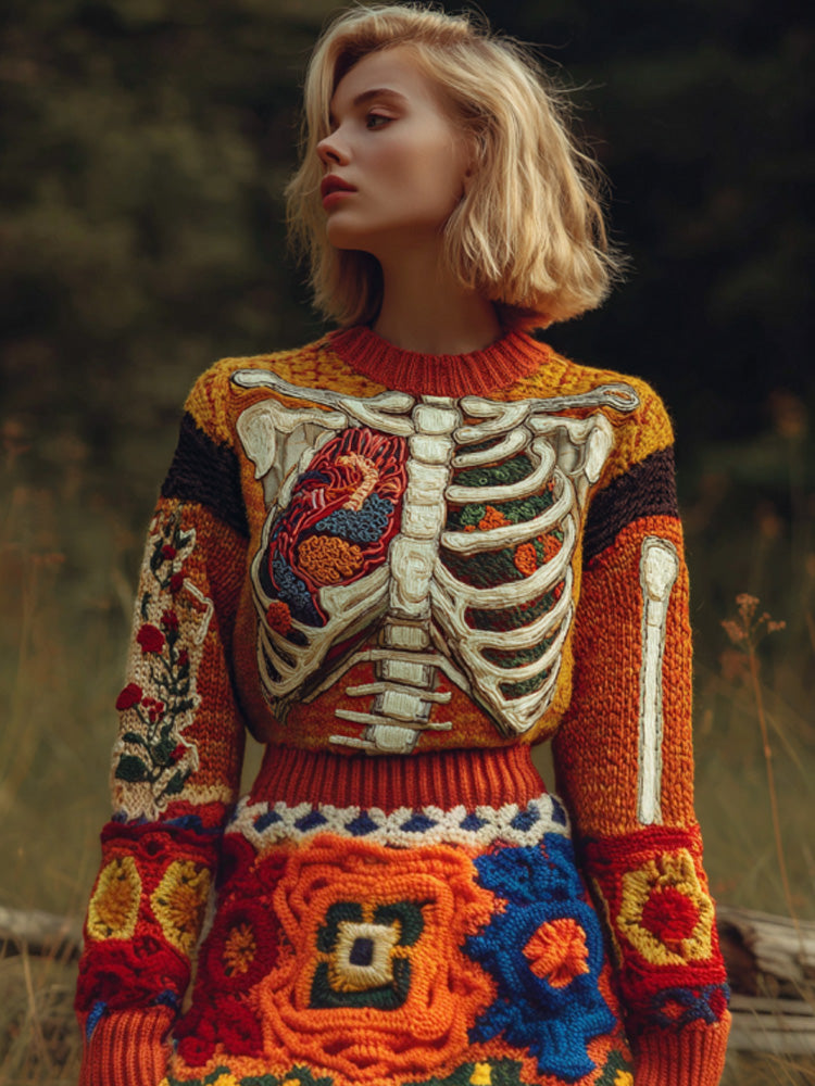 Vintage Halloween Human Anatomy Art Sense Thick Needle Round Neck Sweater