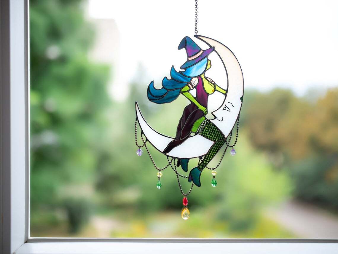 Witch on moon stained glass window hangings
