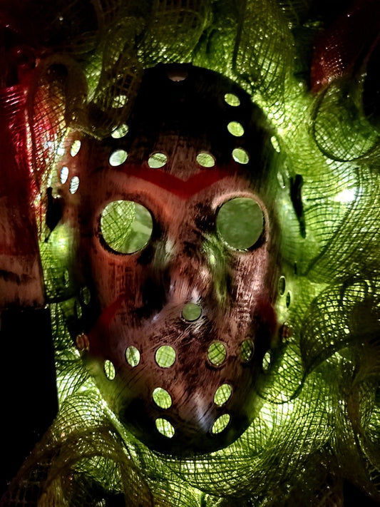 Jason wreath, Jason halloween wreath, halloween wreath, halloween front door wreath, horror movie classics, Friday the 13th wreath