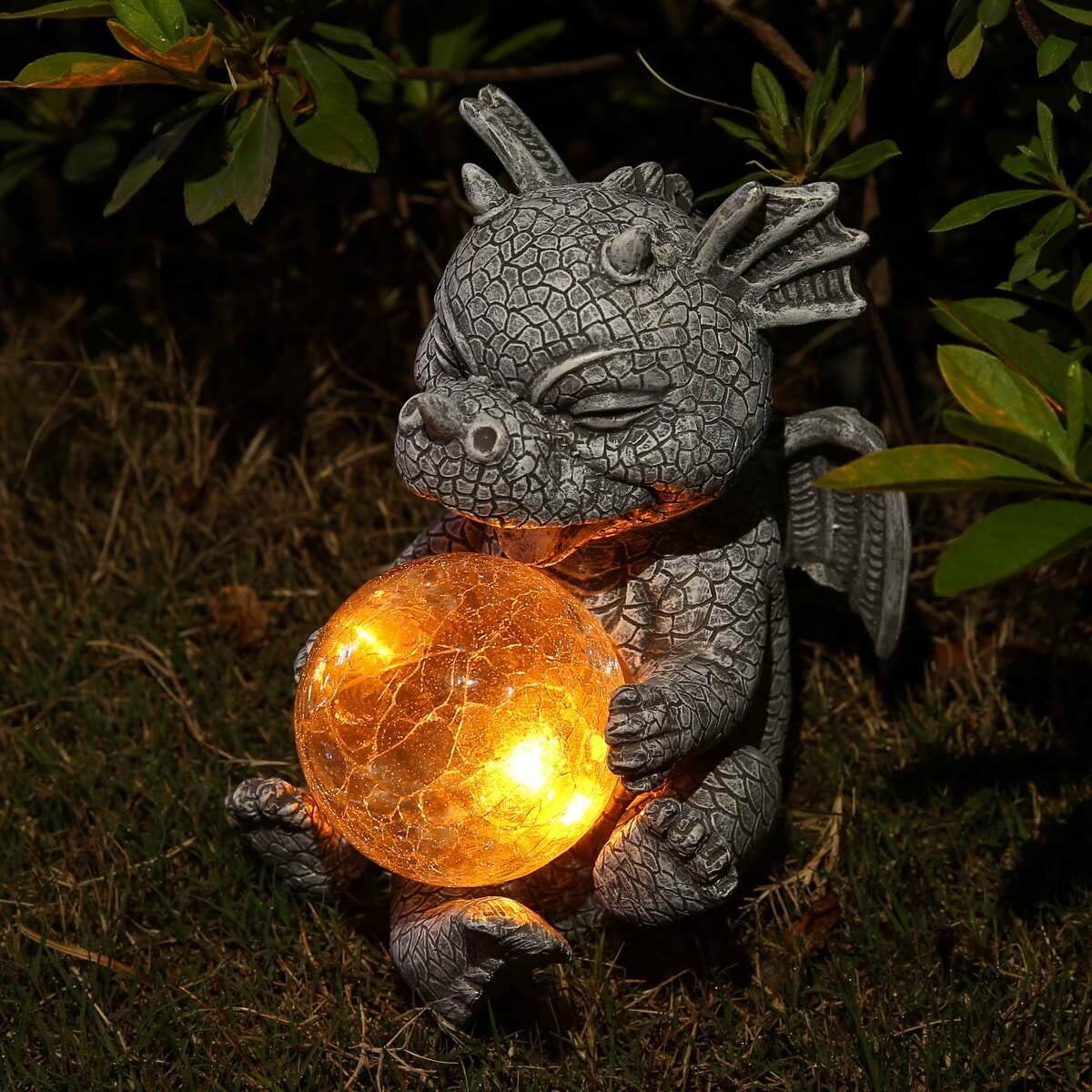 Garden Dragon Statues - Adorable Baby Resin Dragon Holding Magic Orb with Solar LED Lights