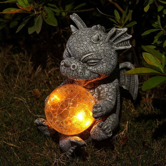 Garden Dragon Statues - Adorable Baby Resin Dragon Holding Magic Orb with Solar LED Lights