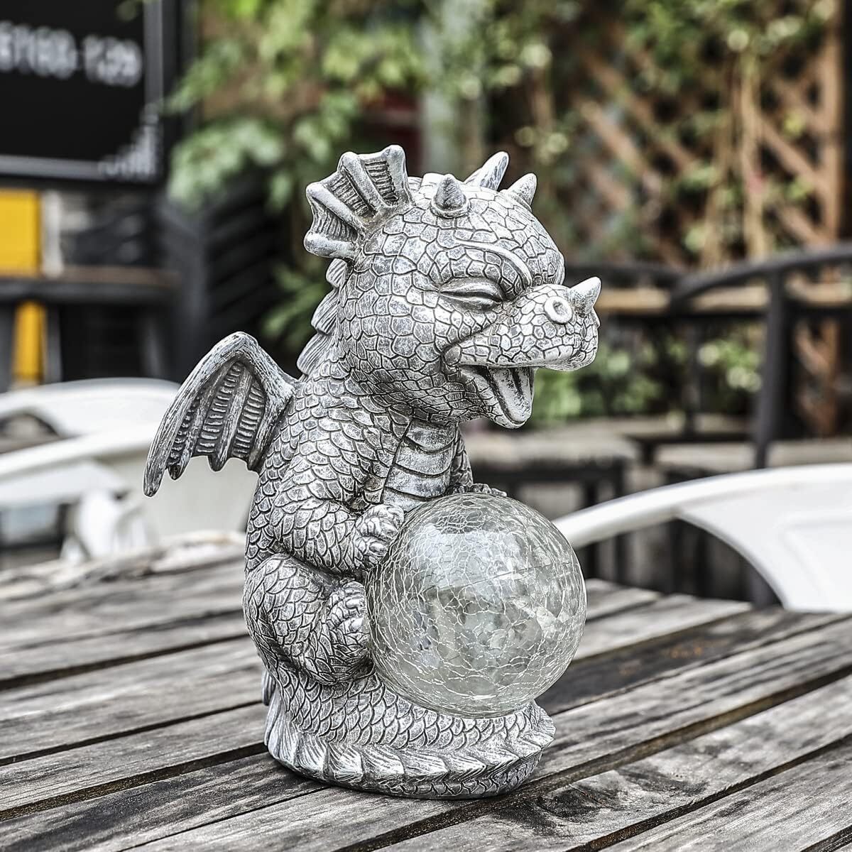 Garden Dragon Statues - Adorable Baby Resin Dragon Holding Magic Orb with Solar LED Lights