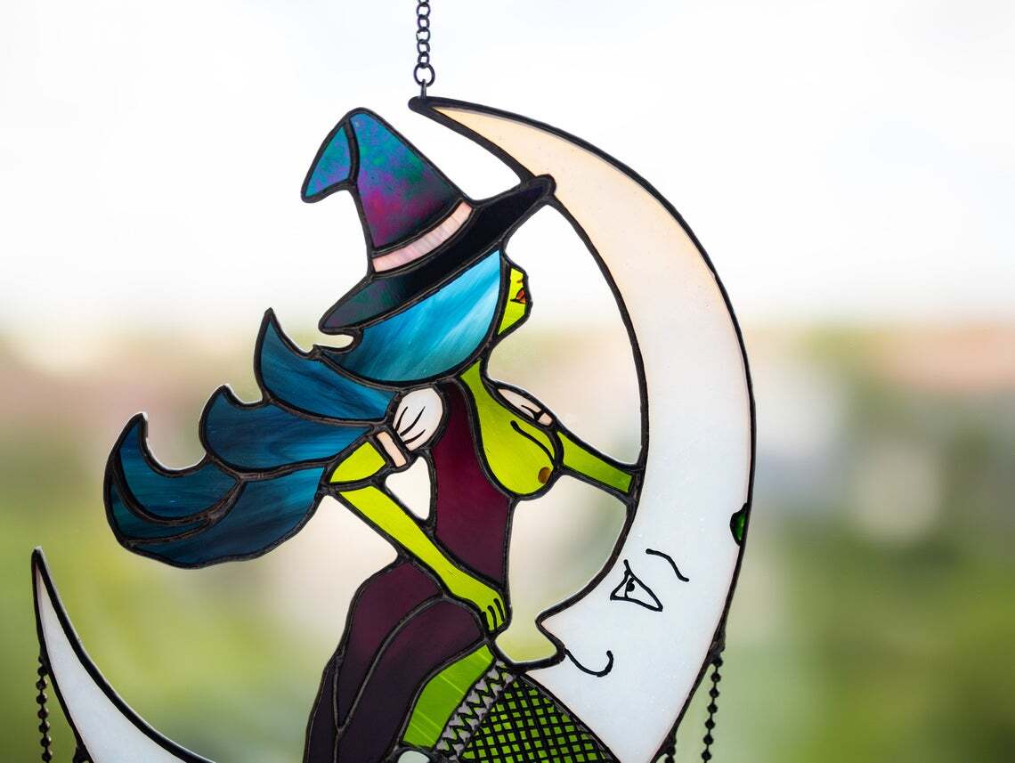 Witch on moon stained glass window hangings