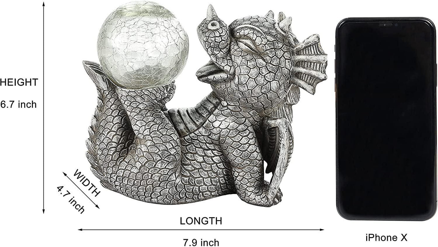Garden Dragon Statues - Adorable Baby Resin Dragon Holding Magic Orb with Solar LED Lights