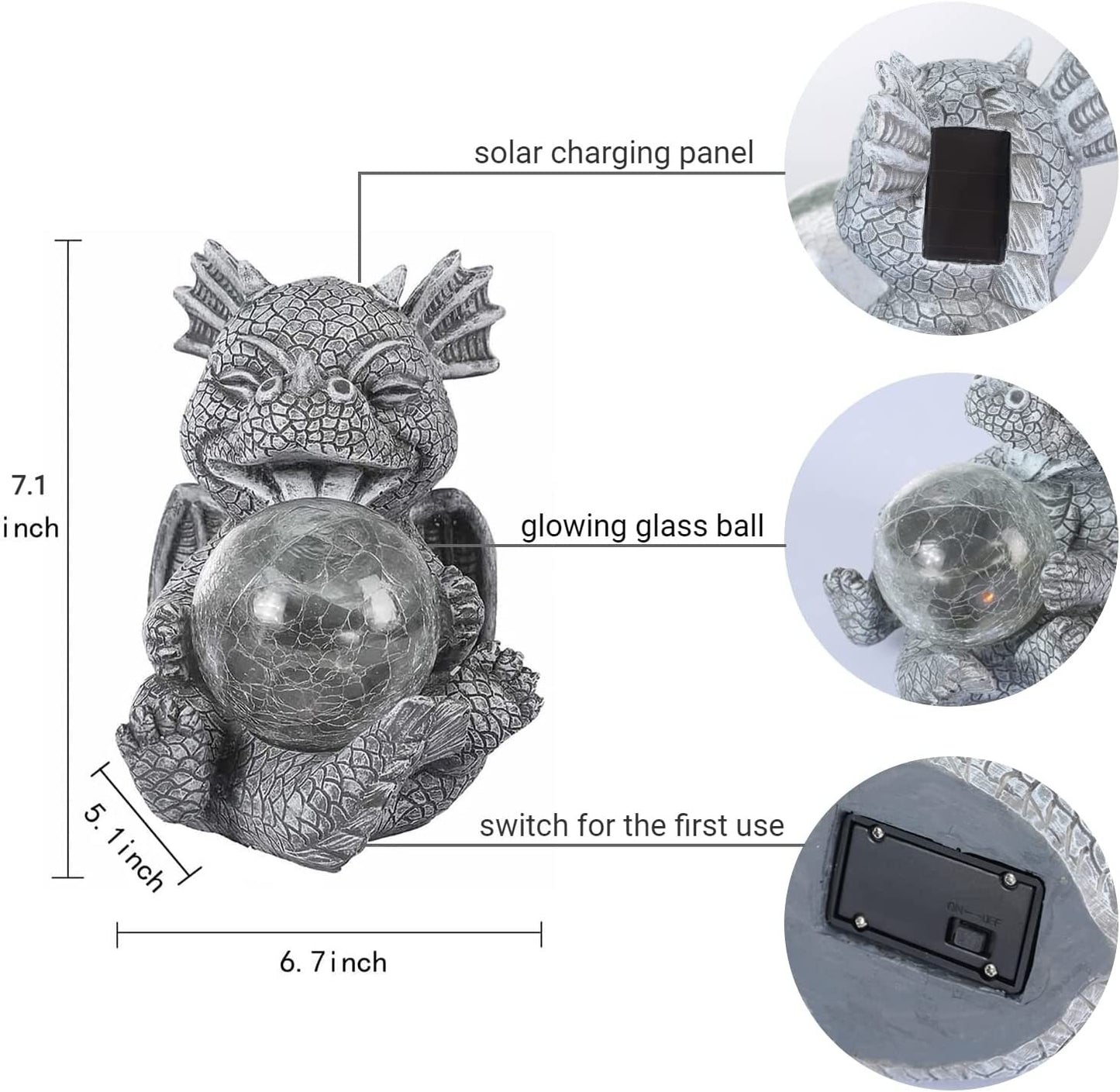 Garden Dragon Statues - Adorable Baby Resin Dragon Holding Magic Orb with Solar LED Lights