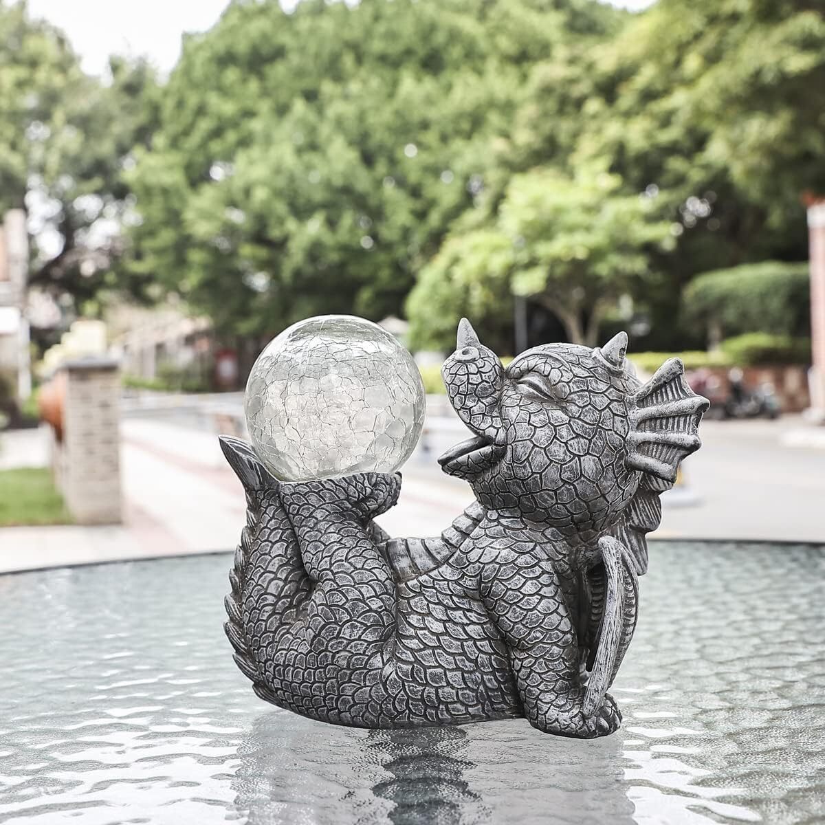 Garden Dragon Statues - Adorable Baby Resin Dragon Holding Magic Orb with Solar LED Lights