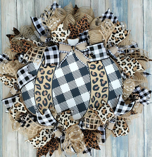 Leopard print fall wreath, leopard print Halloween wreath, farmhouse fall wreath, farmhouse Halloween wreath, halloween farmhouse wreath
