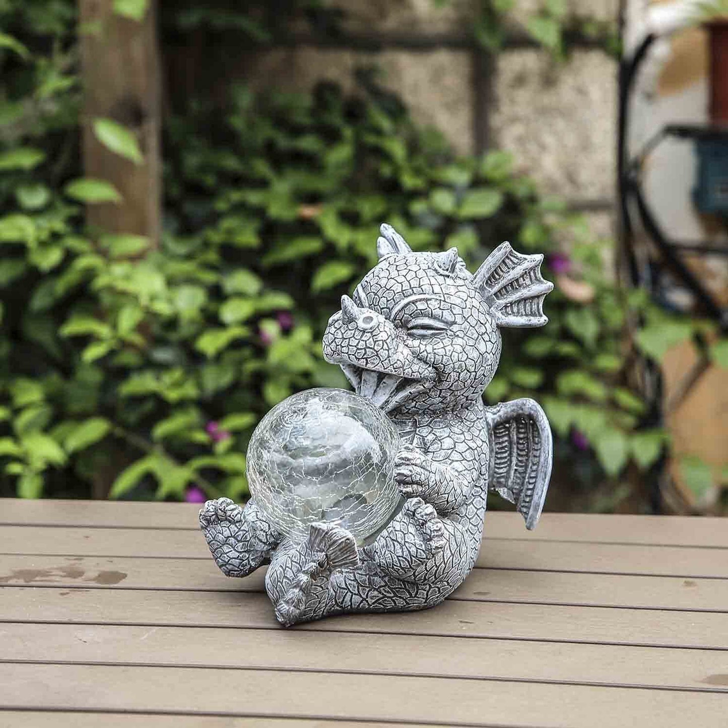 Garden Dragon Statues - Adorable Baby Resin Dragon Holding Magic Orb with Solar LED Lights
