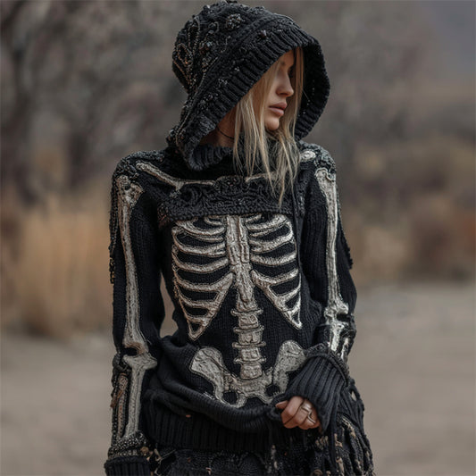 Vintage Skeleton Anatomy Hooded Cozy Knit Sweater