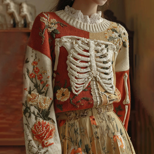 Women's Skeleton & Floral Art Crew Neck Cozy Sweater