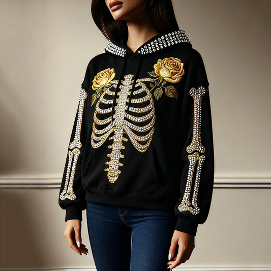 Women's Halloween Yellow Rose Skeleton Casual Hooded
