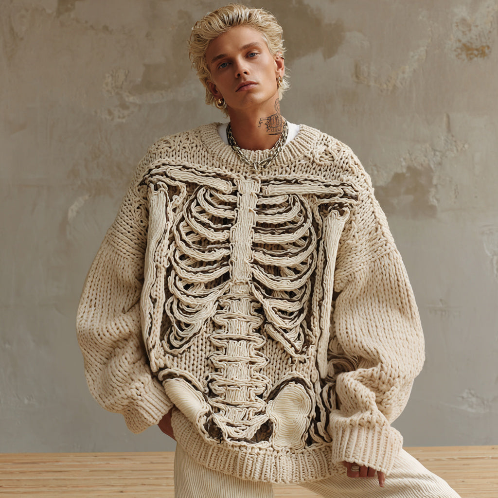 Retro Halloween Skeleton Bones Art Chunky Knitted Sweater