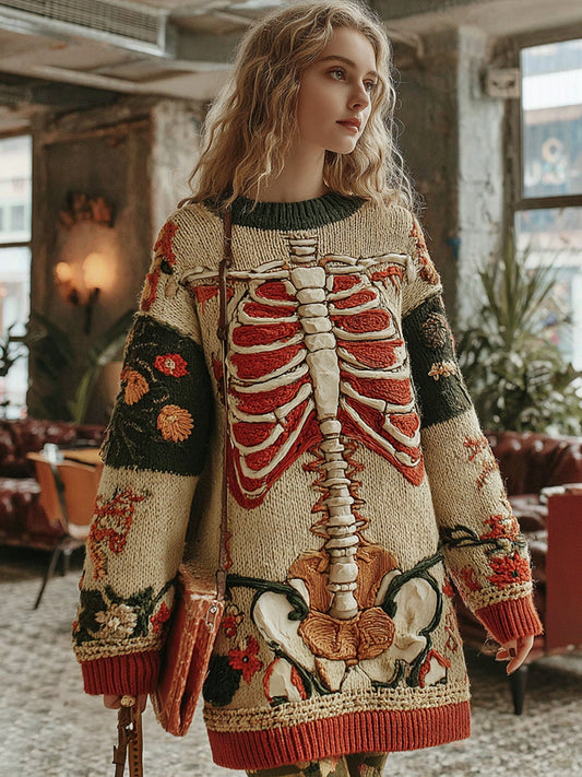 Classic Halloween Skeleton Bones With Floral Art Chunky Knitted Sweater Dress