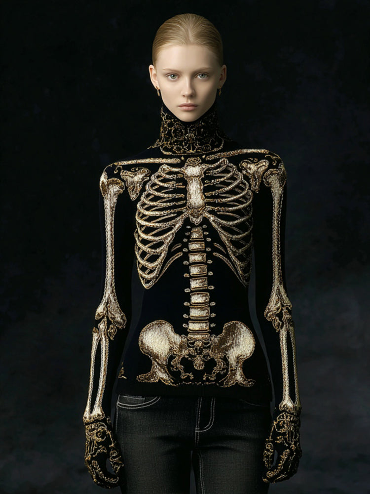 Women's Gothic Style Skeleton High Neck Cozy Sweater