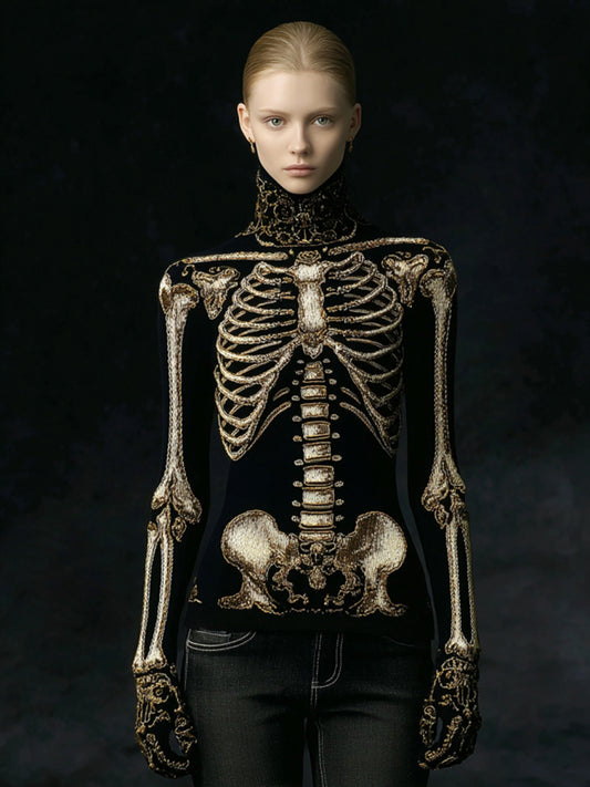 Women's Gothic Style Skeleton High Neck Cozy Sweater