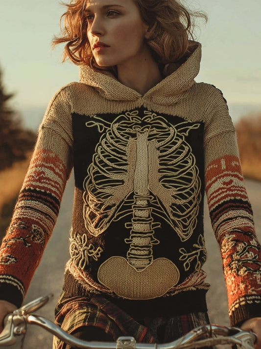 Retro Halloween Skeleton Art Knit Cozy Hooded Sweater