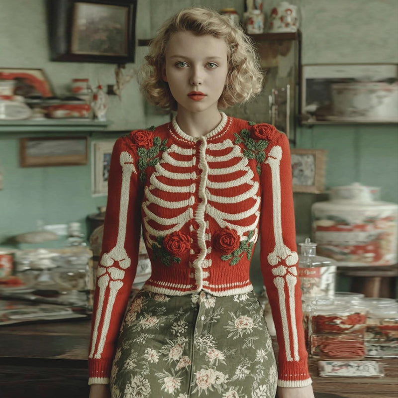Women's Halloween Anatomy Floral Art Cozy Knit Sweater Cardigan