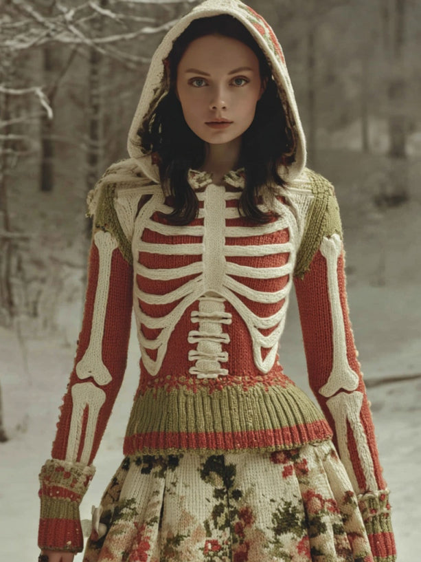 Women's Retro Skeleton Pattern Embroidery Art Knit Hooded Sweater