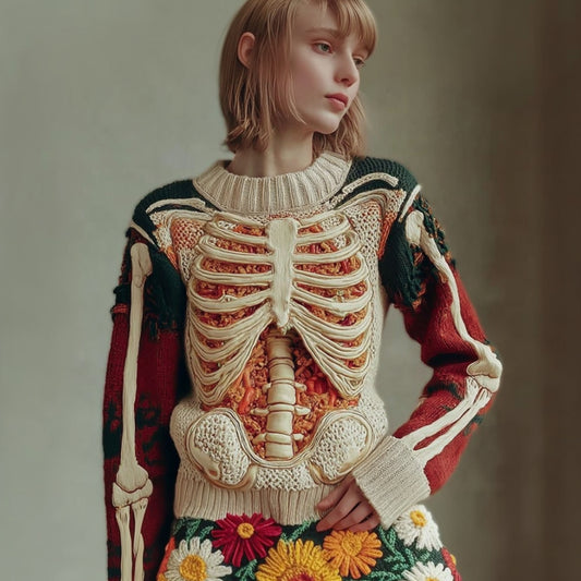 Women's Halloween Skeleton Trunk Art Flower Round Neck Sweater