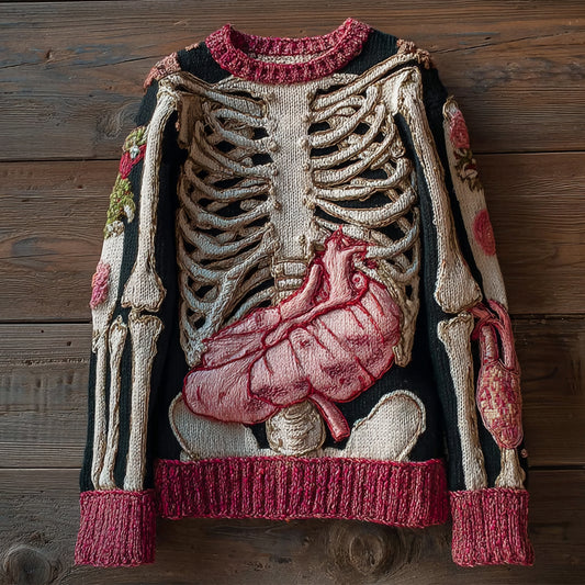 Vintage Halloween Skeleton Art Embroidered Cozy Sweater