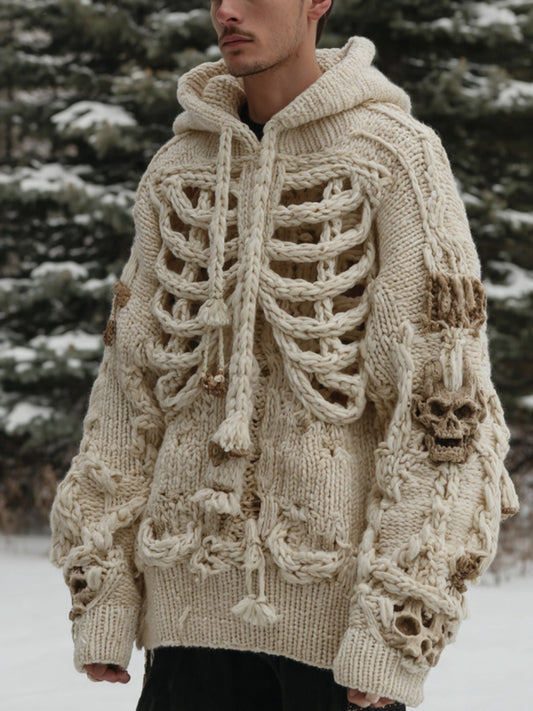 Man's Vintage Halloween Skull Art Cozy Hooded Sweater